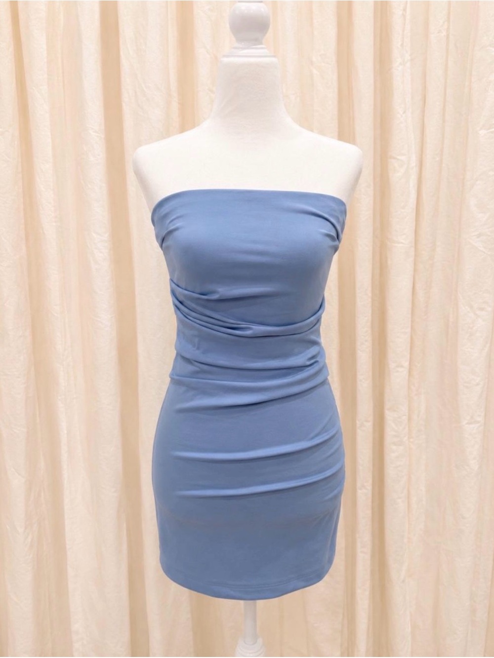 Strapless Ruched Mini Dress in Dusty Blue